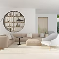 Modern Sofa And Coffee Table Combination With Round Bookshelf Floor Lamp Accent Chair And Rug