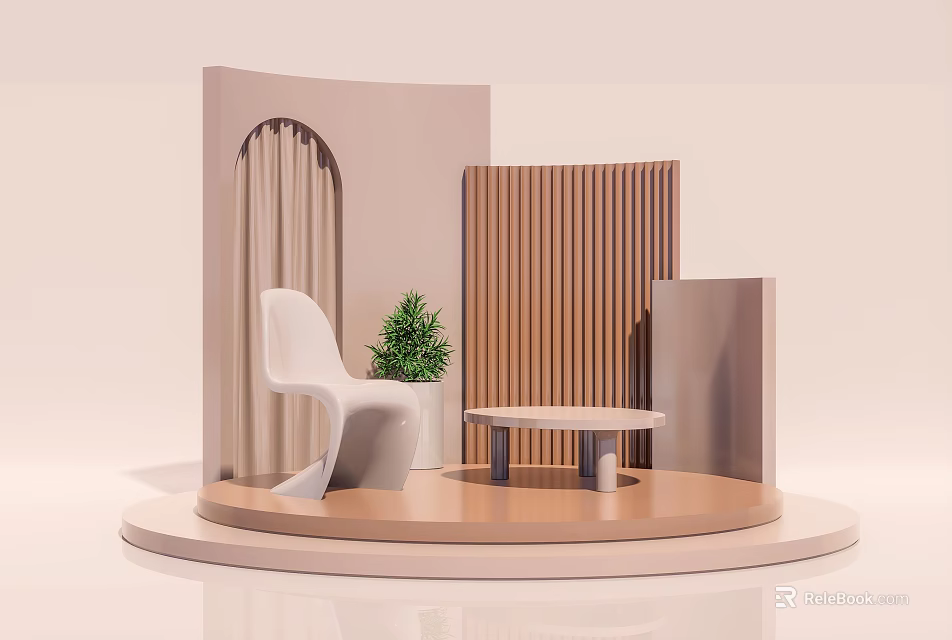 Modern Window Display With Circular Platform White Chair Green Plant Wooden Panels And Arched Elements 3d model 