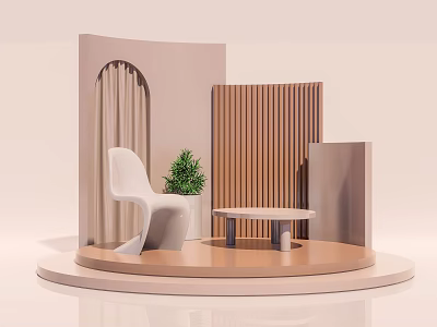 Modern Window Display With Circular Platform White Chair Green Plant Wooden Panels And Arched Elements 3d model