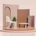 Modern Window Display With Circular Platform White Chair Green Plant Wooden Panels And Arched Elements