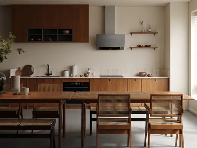 Modern Wooden Dining Table Set With Chairs Bench And Shelves In Kitchen Interior 3d model