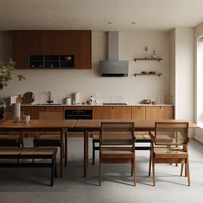 Modern Wooden Dining Table Set With Chairs Bench And Shelves In Kitchen Interior 3d model