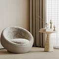 Plush Round Light Gray Lounge Chair with Side Table Decor Curtains and Blinds