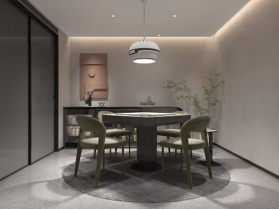 Modern Hotel Mahjong Room Interior Design With Round Table Green Chairs And Hanging Lamp 3d model
