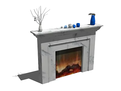 Marble Fireplace Mantel With White Vase Branches Small Ornaments Blue Vase And Lit Fire 3d model