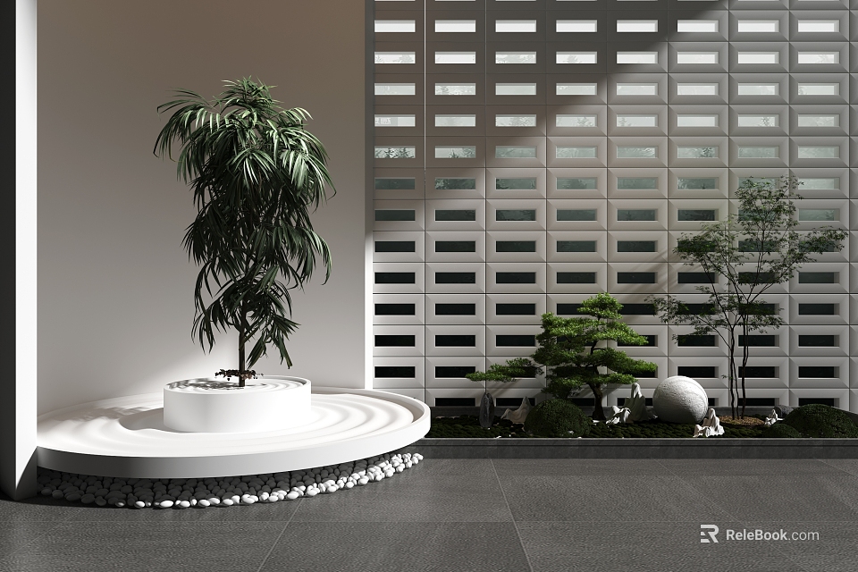 Indoor Plant Combination With Large Palm Small Bonsai Round Pedestal Grille Wall And Pebble Decoration 3d model 