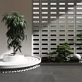 Indoor Plant Combination With Large Palm Small Bonsai Round Pedestal Grille Wall And Pebble Decoration
