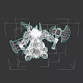 Fantasy Warrior Creature In Armor With Horned Helmet Sword Axe Golden Decorations And Blue Gemstones