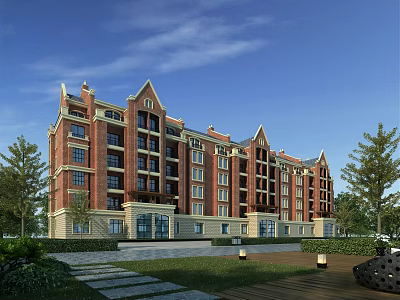Elegant Red Brick Residential Building with Classical European Style Surrounded by Green Trees and Lawn 3d model