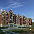 Elegant Red Brick Residential Building with Classical European Style Surrounded by Green Trees and Lawn