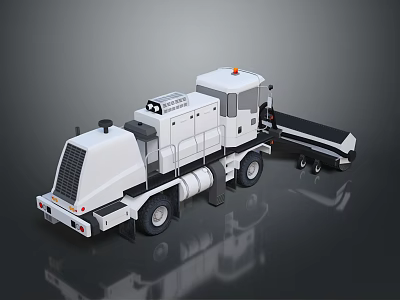 White Engineering Vehicle With Orange Warning Lights And Trailer For Road Construction 3d model