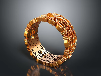 Exquisite Golden Ring With Intricate Hollow Floral Patterns And Decorative Design 3d model