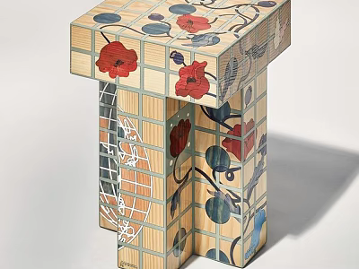 Artistic Wooden Side Table With Red Floral Pattern And Blue Accents 3d model