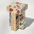 Artistic Wooden Side Table With Red Floral Pattern And Blue Accents