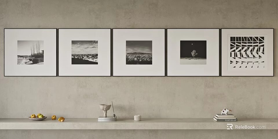 Neutral Wall With Black White Framed Art And Shelf Decor 3d model