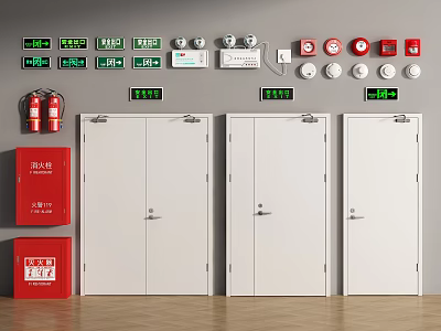 Fire Safety Equipment Display With Emergency Exit Signs Fire Extinguishers Hydrant Alarm Devices And Doors 3d model