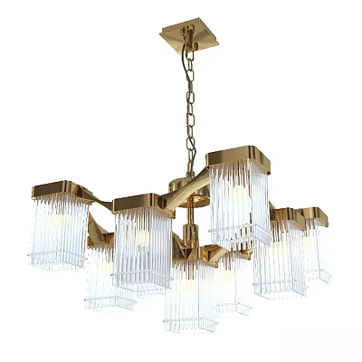Modern Brass Chandelier with Rectangular Transparent Glass Shades and Hanging Chain Design 3d model