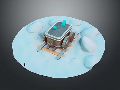 Snowy Ground Scene With Mine Cart On Wooden Tracks And Surrounding Rocks 3d model