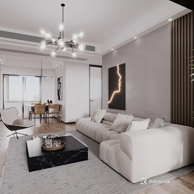 Modern Living Dining Room Interior With White Sofa Coffee Table Dining Chairs And Chandelier 3d model 