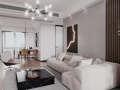 Modern Living Dining Room Interior With White Sofa Coffee Table Dining Chairs And Chandelier 3d model