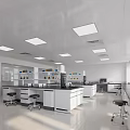 Modern Bright Laboratory Interior With White Countertops Stools Shelves And Equipment