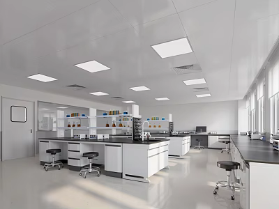 Modern Bright Laboratory Interior With White Countertops Stools Shelves And Equipment 3d model
