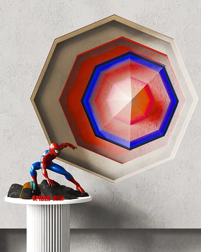 Hexagonal Wall Decor With Red Blue Gradient Geometric Pattern And Spider Man Statue 3d model