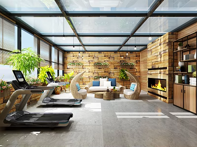 Modern Roof Garden Space With Treadmill Green Plants Sofa Fireplace And Wooden Walls 3d model