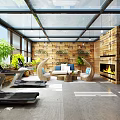 Modern Roof Garden Space With Treadmill Green Plants Sofa Fireplace And Wooden Walls