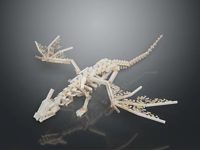 Detailed Dragon Skeleton Model Assembled With White Building Blocks Against Dark Background 3d model