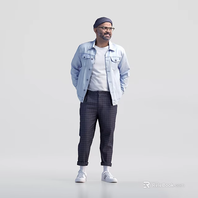 Man In Light Blue Denim Jacket White Shirt And Checkered Pants 3d model 