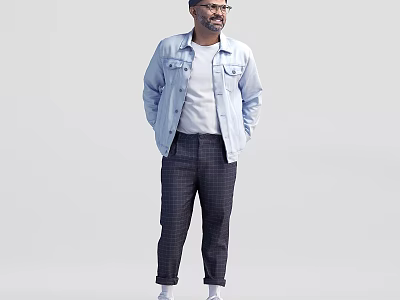Man In Light Blue Denim Jacket White Shirt And Checkered Pants 3d model