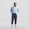 Man In Light Blue Denim Jacket White Shirt And Checkered Pants