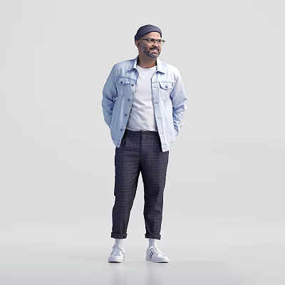 Man In Light Blue Denim Jacket White Shirt And Checkered Pants 3d model