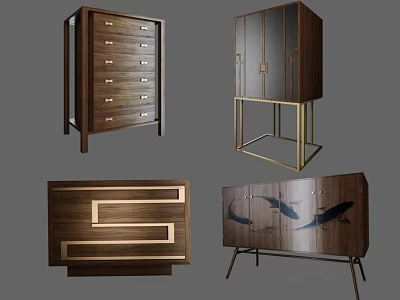 Modern Wooden Entryway Console And Side Cabinet With Drawers Metal Frames And Geometric Design 3d model
