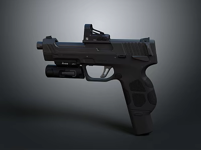 Black Tactical Pistol With Mounted Sight Underbarrel Light And Ergonomic Grip 3d model