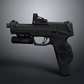Black Tactical Pistol With Mounted Sight Underbarrel Light And Ergonomic Grip