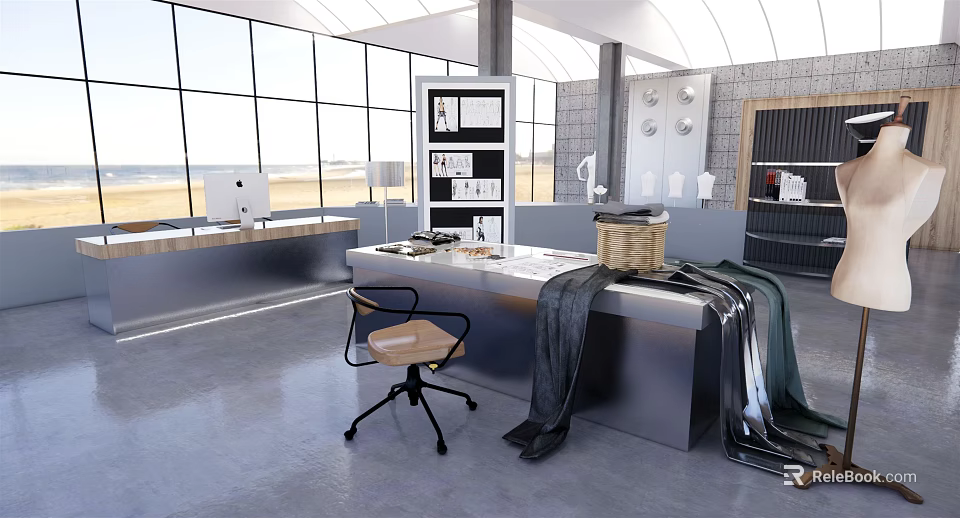 Modern Public Office Space With Large Windows Work Desk Office Chair And Shelving 3d model 