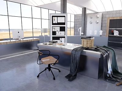 Modern Public Office Space With Large Windows Work Desk Office Chair And Shelving 3d model
