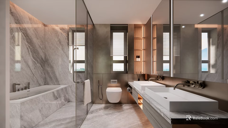 Modern Bathroom Interior Design With Marble Walls Glass Shower Double Sinks And Wooden Cabinets 3d model 