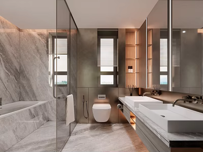 Modern Bathroom Interior Design With Marble Walls Glass Shower Double Sinks And Wooden Cabinets 3d model