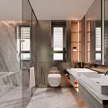 Modern Bathroom Interior Design With Marble Walls Glass Shower Double Sinks And Wooden Cabinets