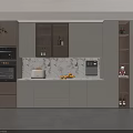 Modern Kitchen Wine Cabinet With Glass Shelves LED Lighting And Marble Countertop
