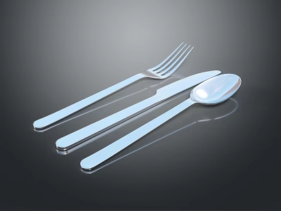 Modern Shiny Stainless Steel Cutlery Set Fork Knife Spoon On Black Surface 3d model