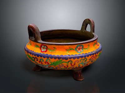 Ornament Decoration Set With Double Handle Orange Base Colorful Floral Patterns And Three Feet Design 3d model