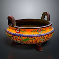 Ornament Decoration Set With Double Handle Orange Base Colorful Floral Patterns And Three Feet Design