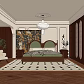 Stylish Bedroom Interior With Green Headboard Wooden Bed Gold Patterned Wallpaper And Geometric Rug