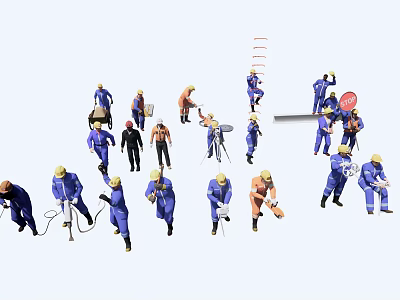 Group of Workers in Uniforms Using Tools and Safety Signs at Work Site 3d model