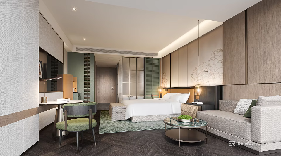 Modern Hotel Guest Room With King Bed Sofa Coffee Table And Writing Desk 3d model 