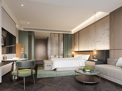 Modern Hotel Guest Room With King Bed Sofa Coffee Table And Writing Desk 3d model